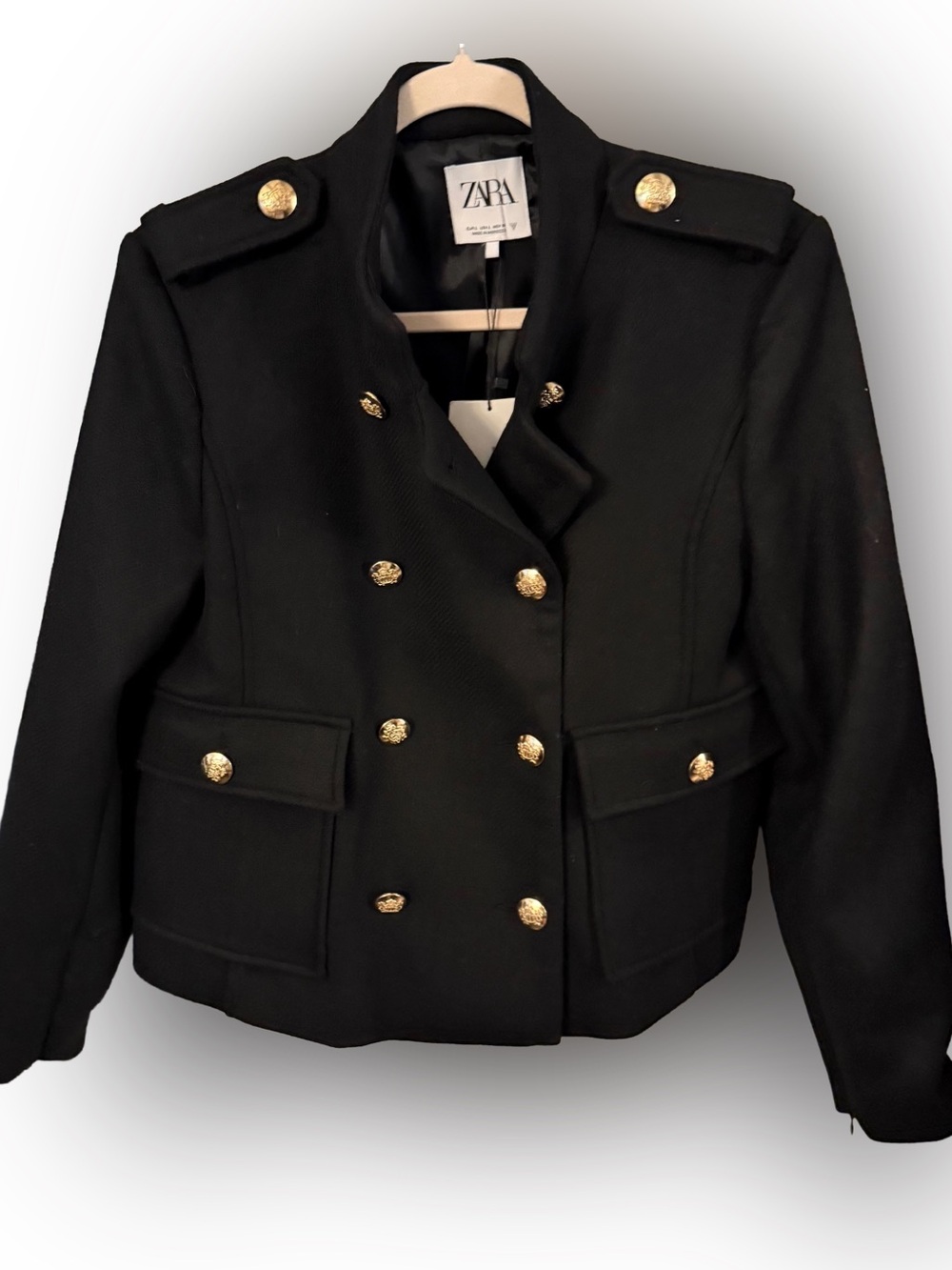 Zara Women’s Military Jacket / Coat Black Gold Buttons Sz L NWT